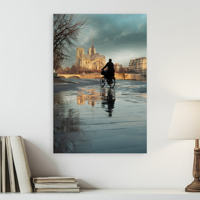 «Cyclist Notre Dame Reflection Gothic Abstract Contemporary City», reproduction d'art mural, 24" H x 16" W