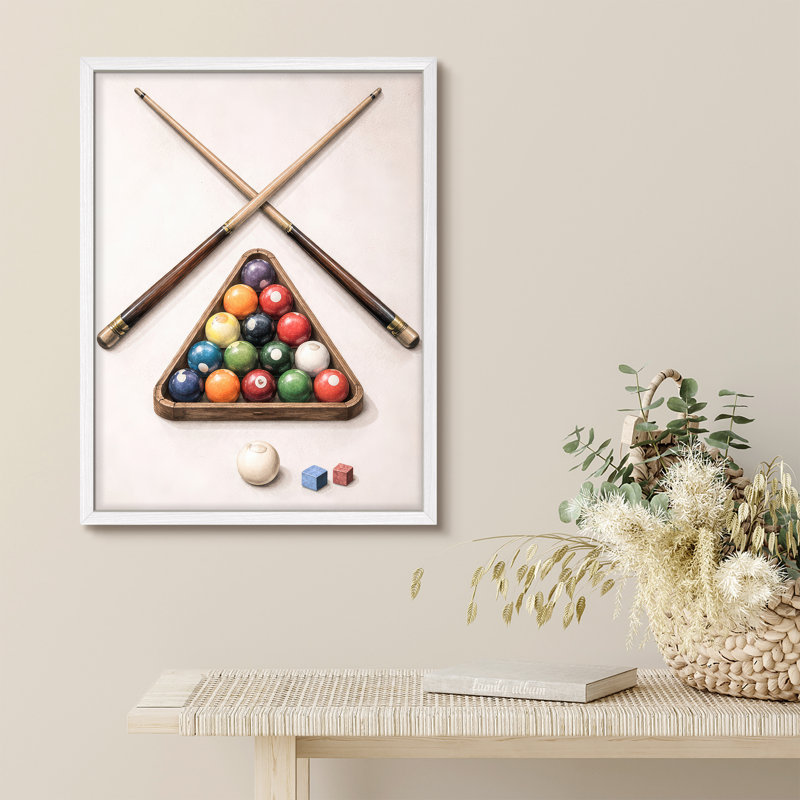 Classic Billiards Table Setup Framed Wall Art Prints - Cue Sticks and Pool Balls for Game Room Office, Blanc