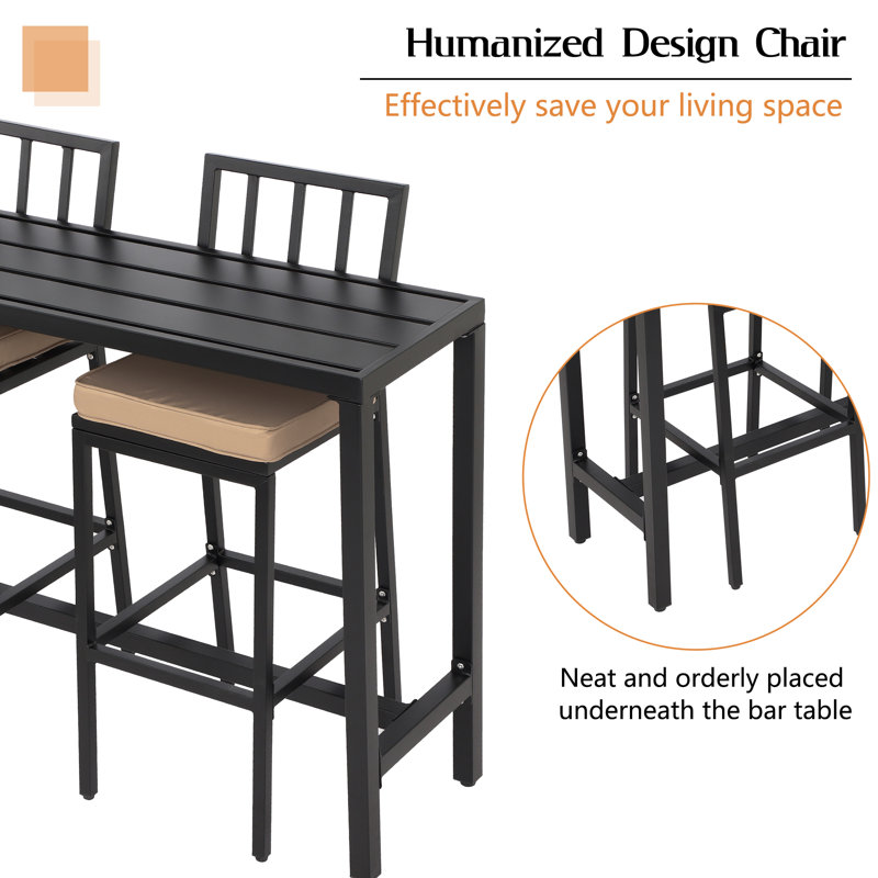 2 - Person Metal Patio Dining Set with Rectangular Table , Cushions Included, Black, 46.8" W x 36.97" H