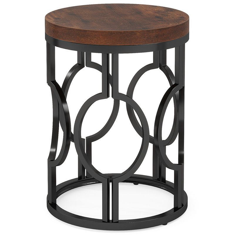 20" Round Industrial Side Table With Metal Openwork Frame, Rustic End Table Nightstand, Small Accent Table With Wood Top, Easy Assembly