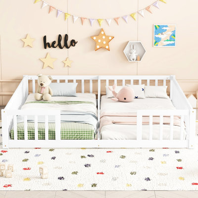 Double Twin Floor Bed With Fence - Made Of Wood For A Peaceful Night's Sleep From Quality Pine Rest