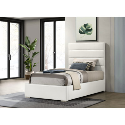 Lit tapissier contemporain de couleur blanche avec tête de lit horizontale et similicuir blanc capitonné, structure en bois d'ingénierie, convient aux chambres à coucher