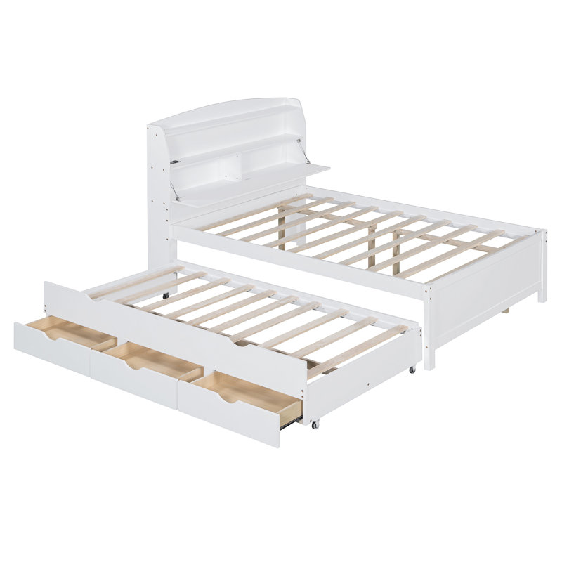 Lit plateforme double en bois avec lit gigogne et tête de lit à DEL, avec tiroirs, blanc, Lit double, Blanc