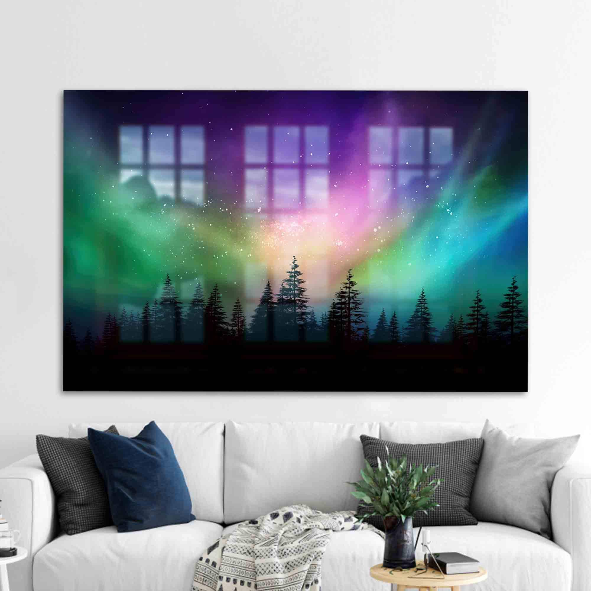 View of Loon Peak® Northern Lights Inspired Glass Wall Art Featuring Natural ...