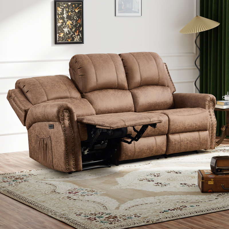 84.65'' Wide Faux Leather Nailhead Electric Reclining Sofa With USB & Type-C Ports, Vintage Style, Vintage Tan