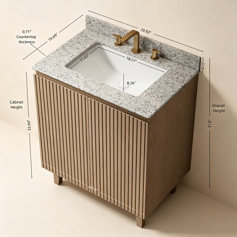 Meuble-lavabo 30 po, meuble autoportant, comptoir en granit naturel et lavabo en céramique avec 3 trous de robinet pré-percés, démonté, sans robinet, ensemble de drain et couvercle d'évier, couleur grain de bois Heidelberg