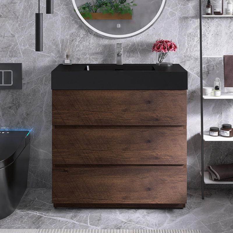 Meuble-lavabo simple autoportant 36 po avec plateau Angelinna, Noyer, Noir