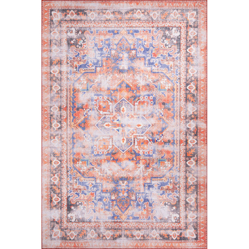 Tapis bleu orange à motif rétro tissé, Rond 7 pi 7 po