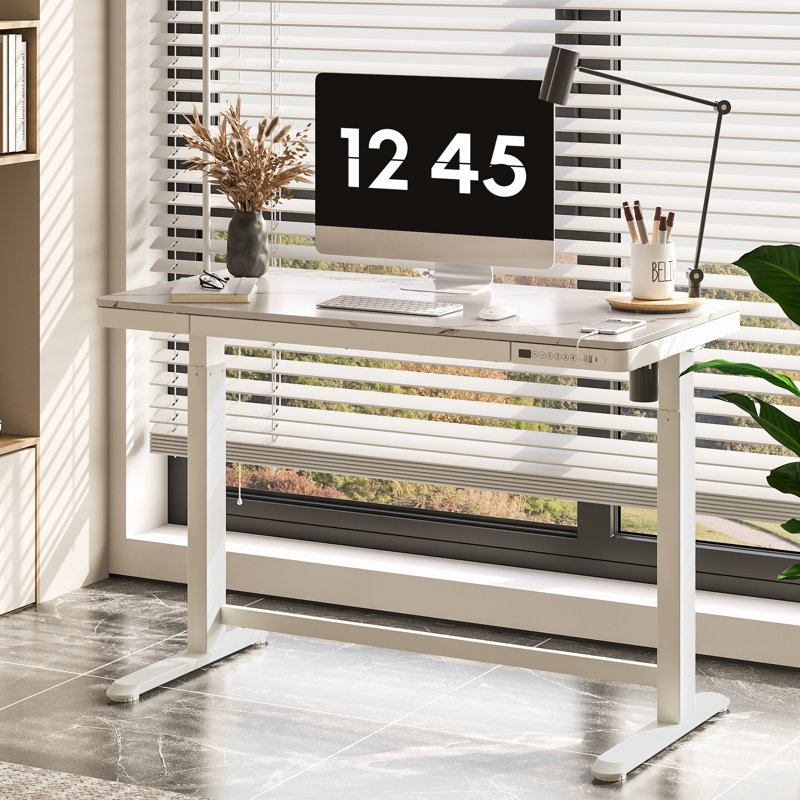 Home Office Height Adjustable Standing Desk with Drawer, 46.5" H x 47.4" W x 23.7" D, Rustic Brown/Black