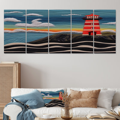 Red Lighthouse On The Rock Blue Sky Embroidery - Lighthouses Wall Art Decor 5 Piece