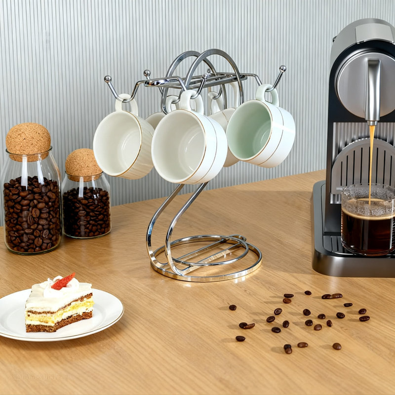 Porte-tasse à café, porte-gobelet en métal avec 6 crochets (argent), Argent