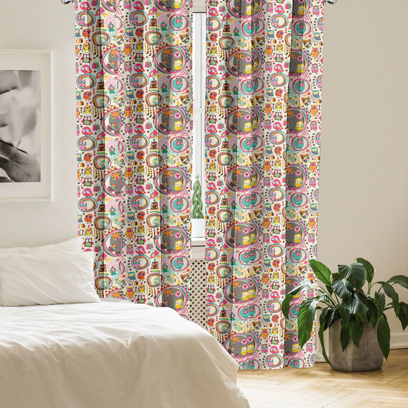 Multicolor Owl Cartoon Polyester Rod Pocket Curtain Panels, 28" x 63"