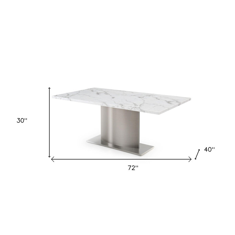 Table de salle à manger de 72 po à base de piédestal en acier inoxydable gris et blanc