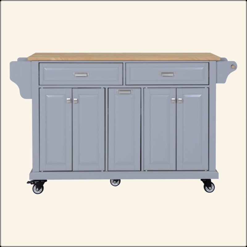 Kitchen Island With Rubber Wood Countertop, Kitchen Cart On 5 Wheels With Storage Cabinet And 2 Top Drawers And A Center Double Layered Storage Drawer For Dinning Room