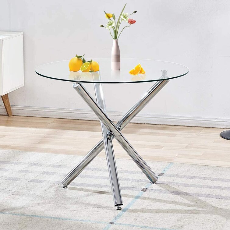 Wrought Studio 40 Luna Round Glass Top Dining Table w/Sturdy Metal Legs, Sleek Design for Dining Room, Kitchen & Living Room, Best for Modern Home D
