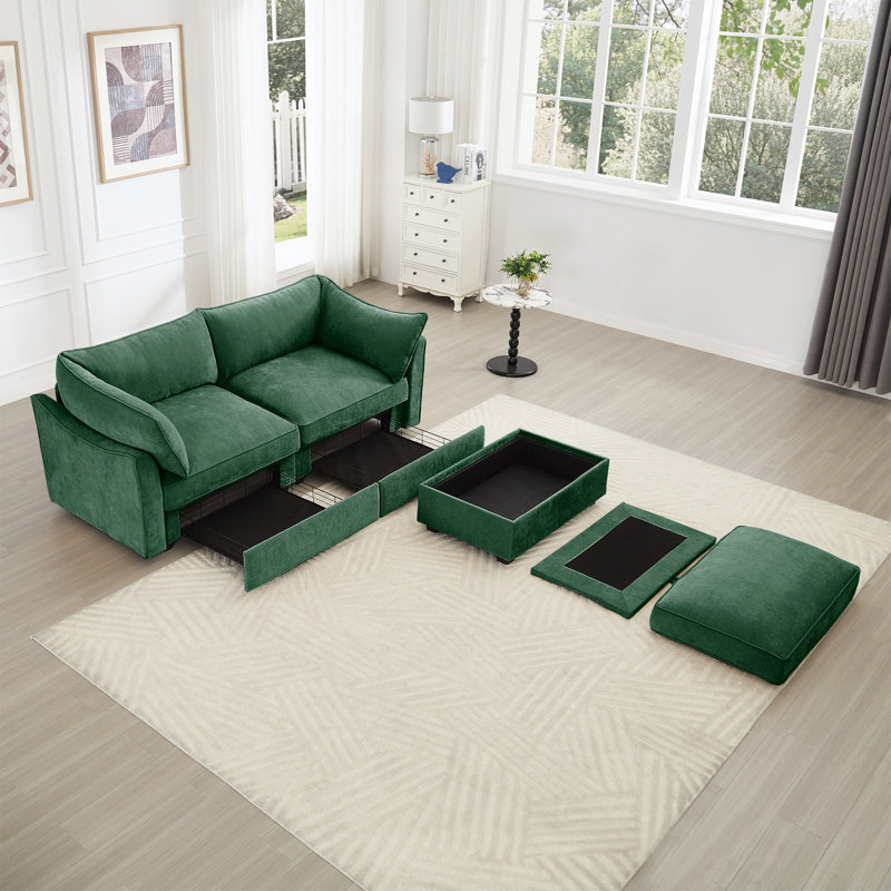 Canapé 2 places avec tiroirs de rangement coulissants et 1 repose-pieds, Vert