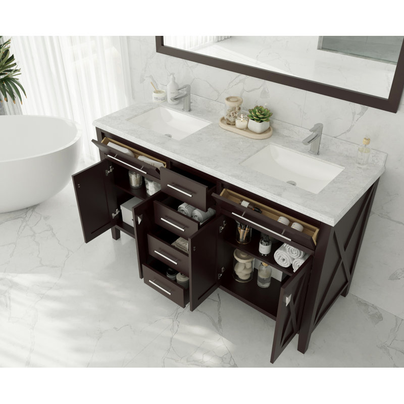 Ensemble de meuble-lavabo double 60 po Vitiello, Brun, Marbre blanc