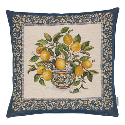 Lemons Vase Blue Woven Cushion with Fibre Filler 