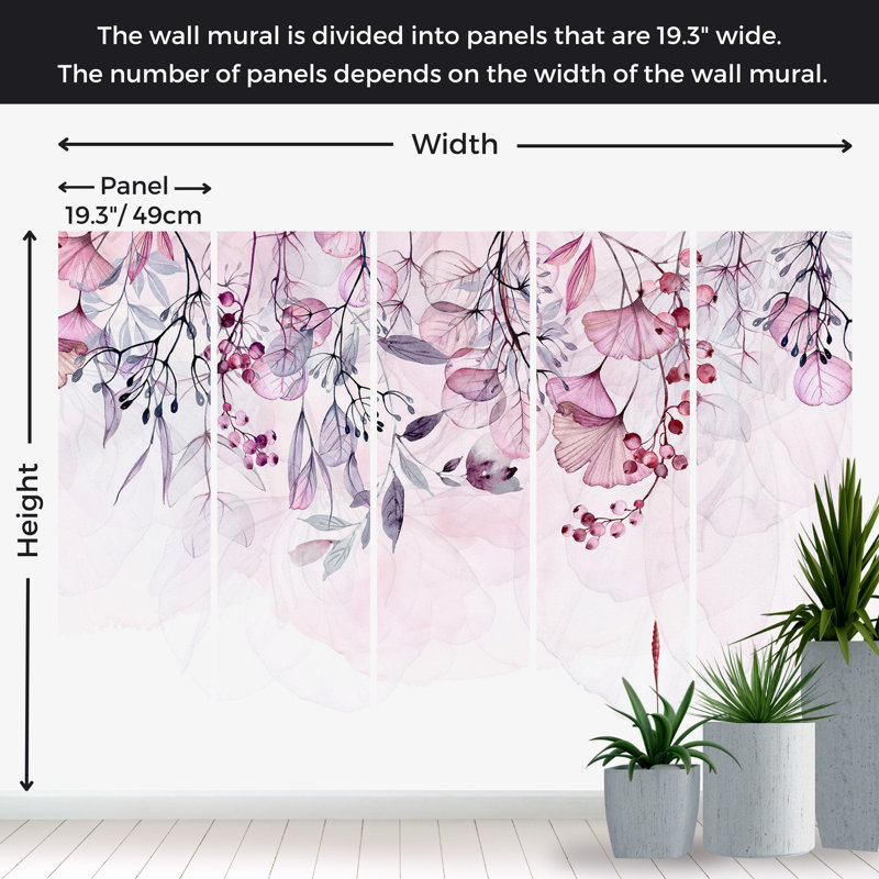 Murale botanique pelez et collez - rose brumeux, L 82 po x l 115 po