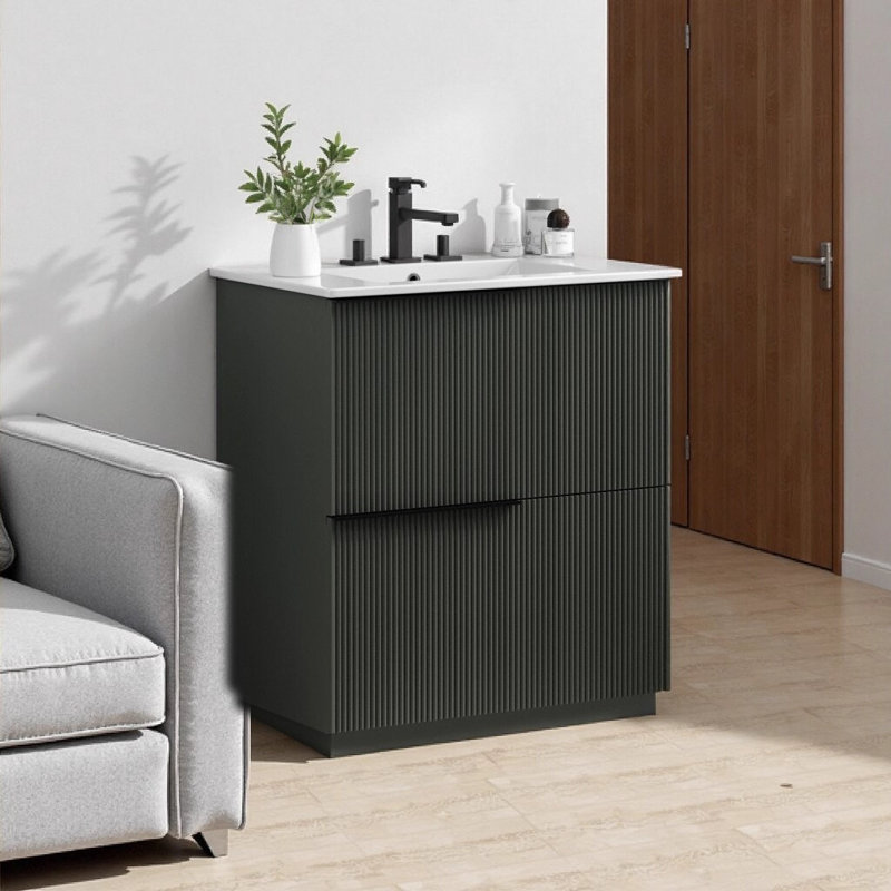 Meuble-lavabo de 30 pouces avec lavabo en céramique, tiroirs à fermeture en douceur pleine extension, conception cannelée