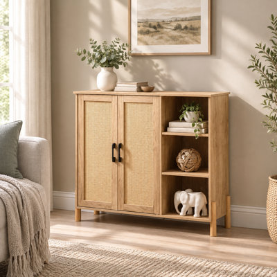 35.4" Natural Accent Cabinet with Rattan Doors and Open Shelves