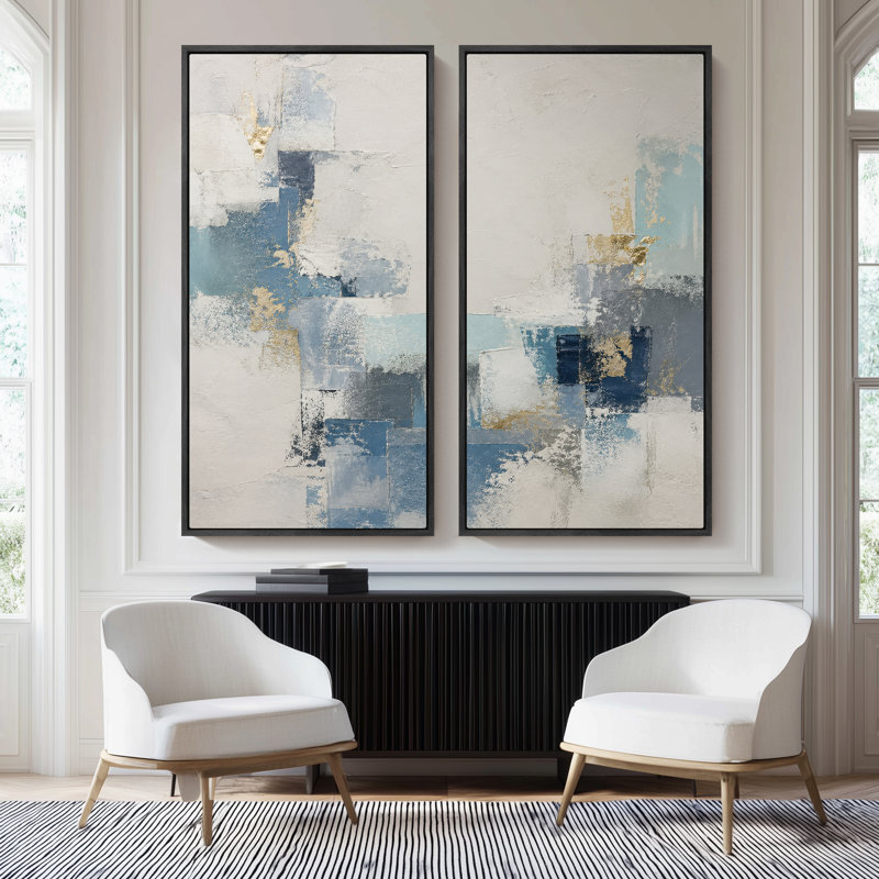 "Blue Gold", art mural abstrait géométrique pour salon - ensemble de 2, reproduction d'art encadrée sur toile 60 po x 20 po x 2 po, 60 po x 30 po x 2 po