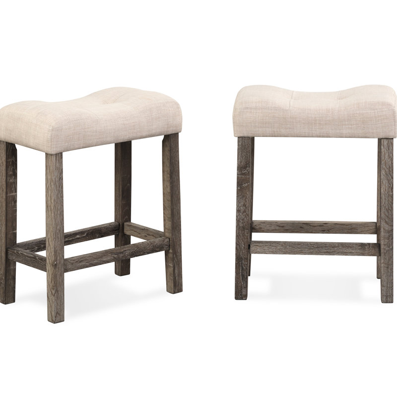 2 tabourets de hauteur comptoir en taupe, bouton avec rembourrage de siège et repose-pieds, 2 tabourets avec structure en bois massif, repose-pieds profilés taupe, bois d'hévéa