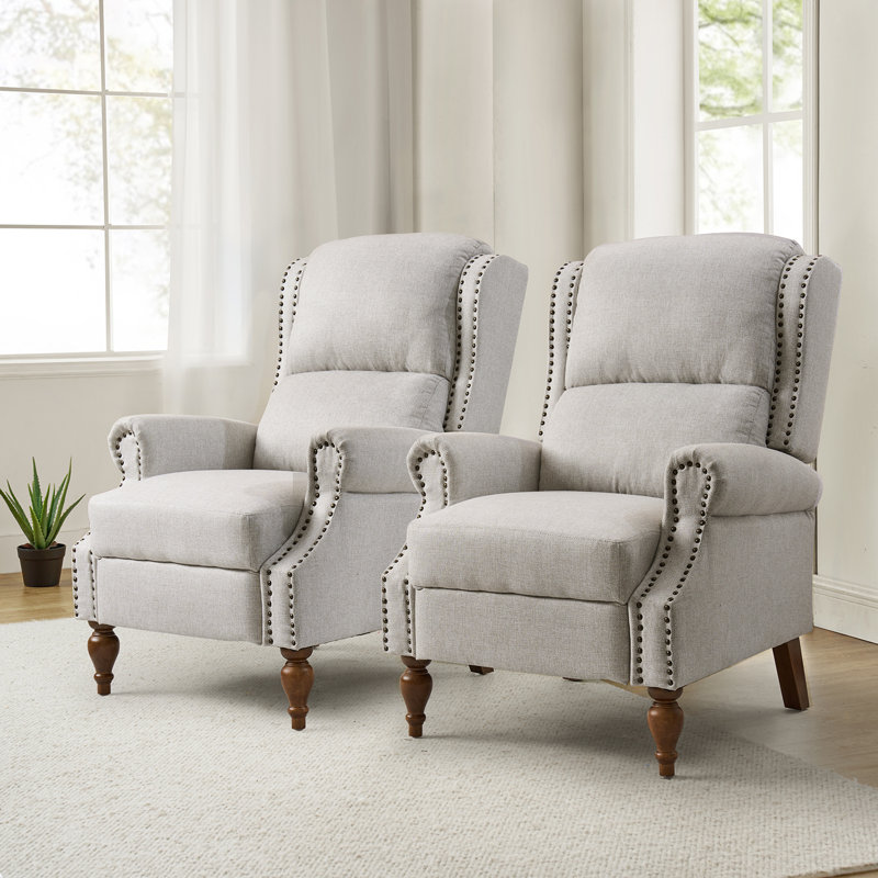 Pharris Manual Push Back Recliner with Nailheads, Oatmeal