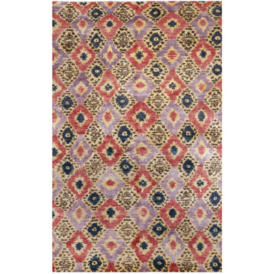 Rectangle Luxor Geometric Hand-Knotted Silk Area Rug in Purple/Rust