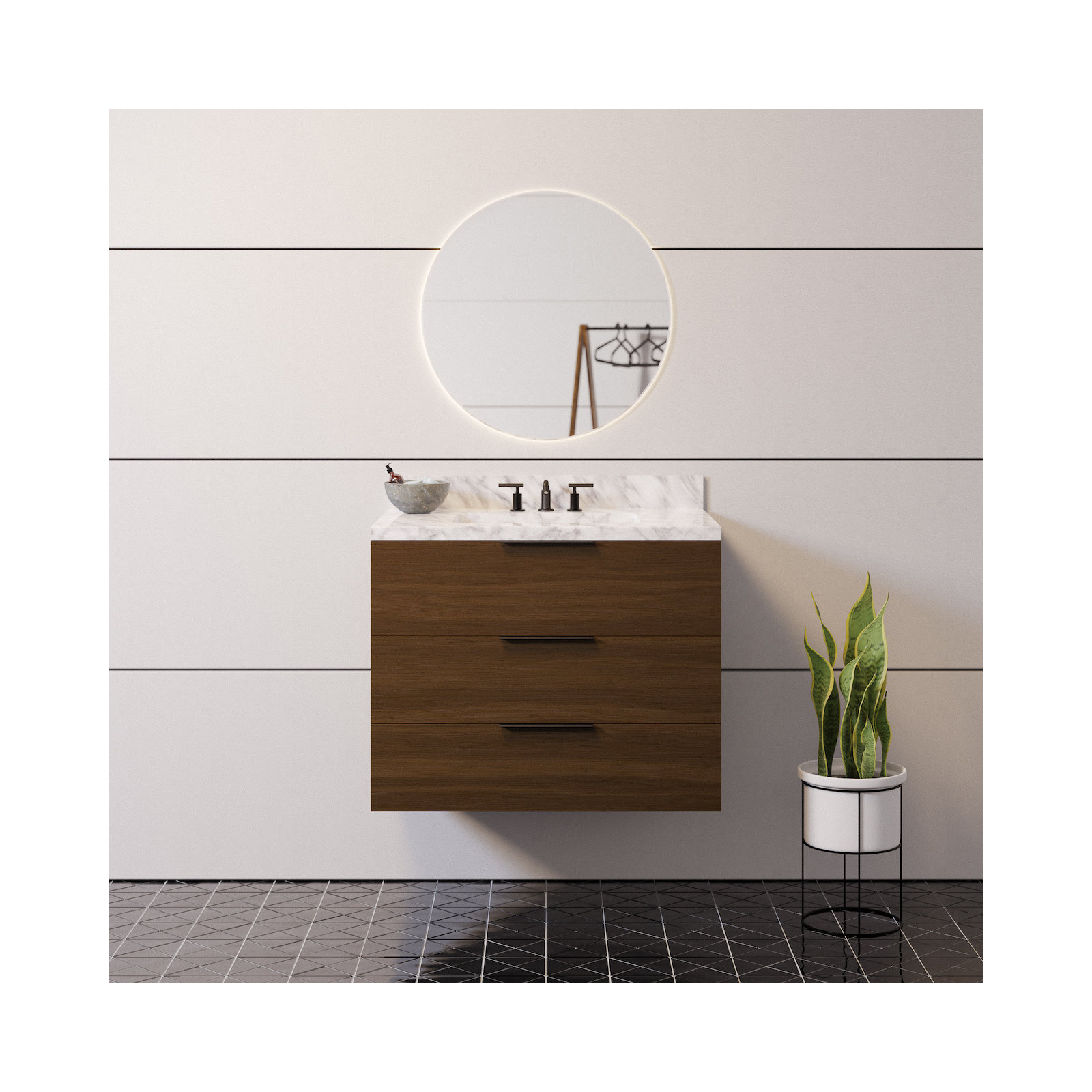 Mitchell 30'' Single Bathroom Vanity, Walnut, Carrara Marble
