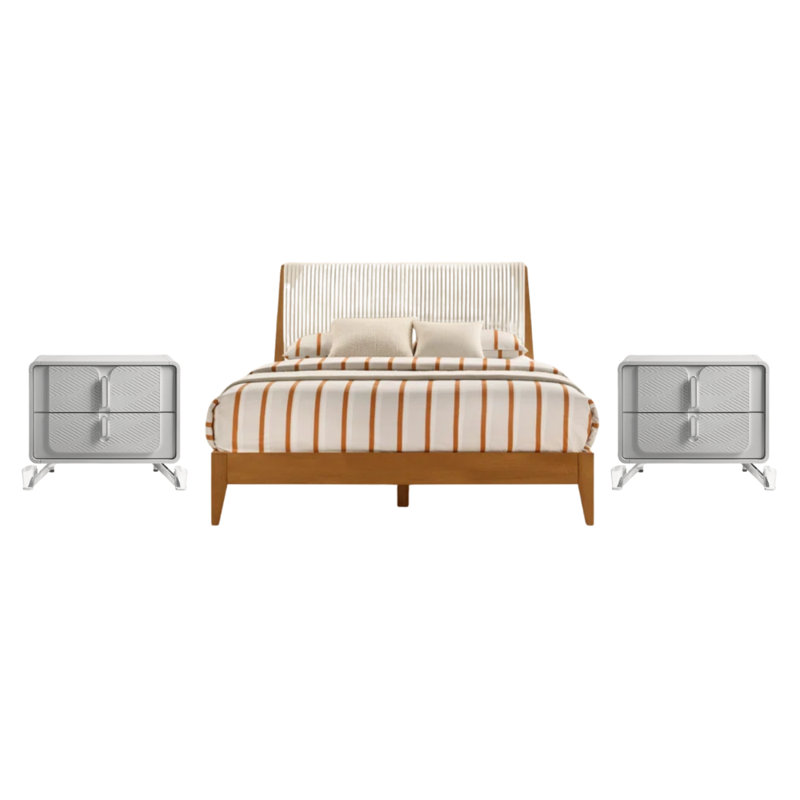 Modern Solid Wood 3 Pieces Fully Assemble Bedroom Set, Amber Walnut
