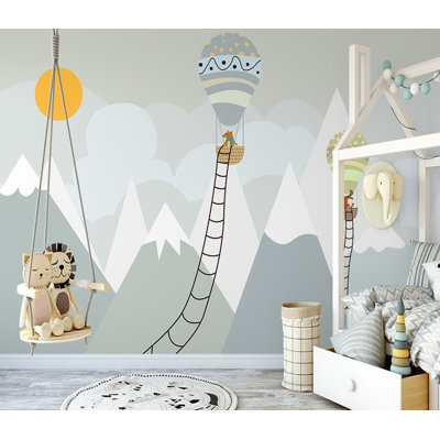 Papier peint amovible avec montgolfière grise et paysage d'escalier