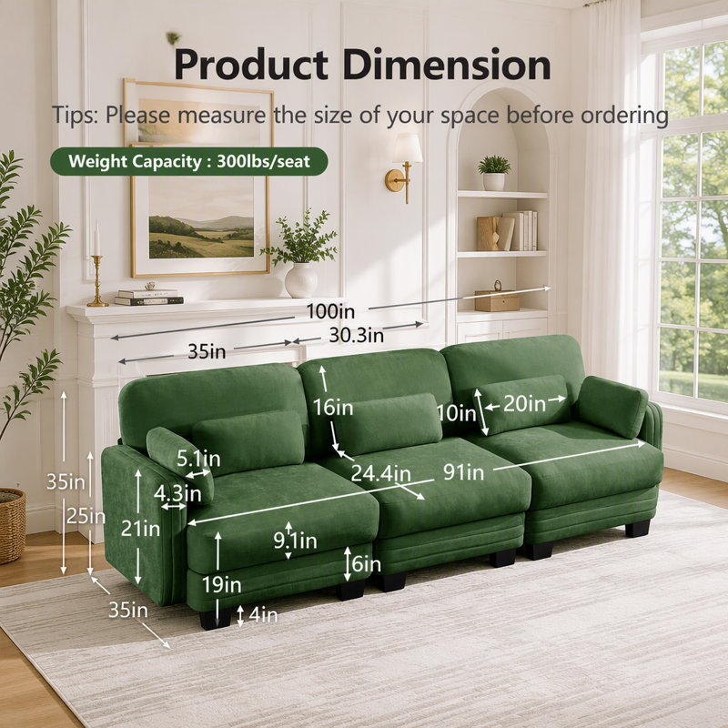 Canapé modulaire modulaire avec capitonnage, 3 places, Chenille verte