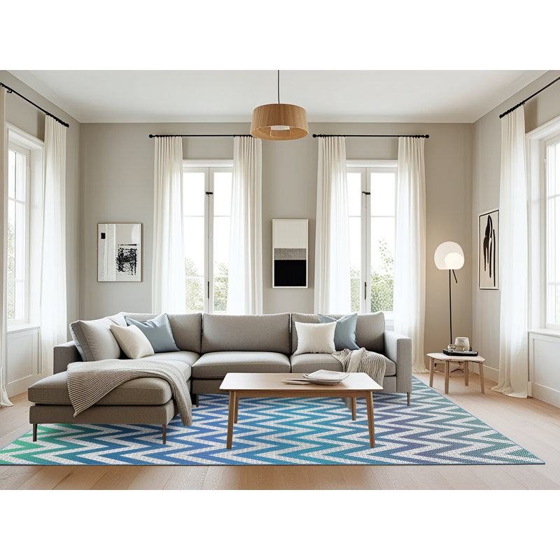 Tapis bleu aqua/gris/vert à motif Hoye, Rectangle 8 pi x 10 pi