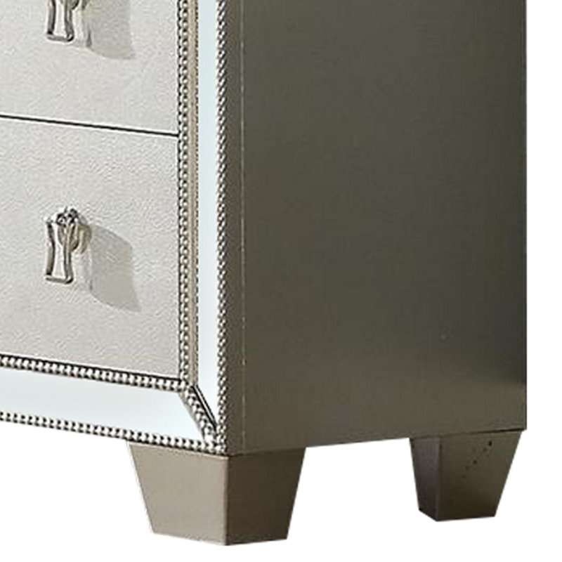 Commode 62 po en bois avec 6 tiroirs, incrustation de miroir, pieds fuselés, argent