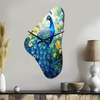 Horloge murale en forme de paon bleu sarcelle symboliste