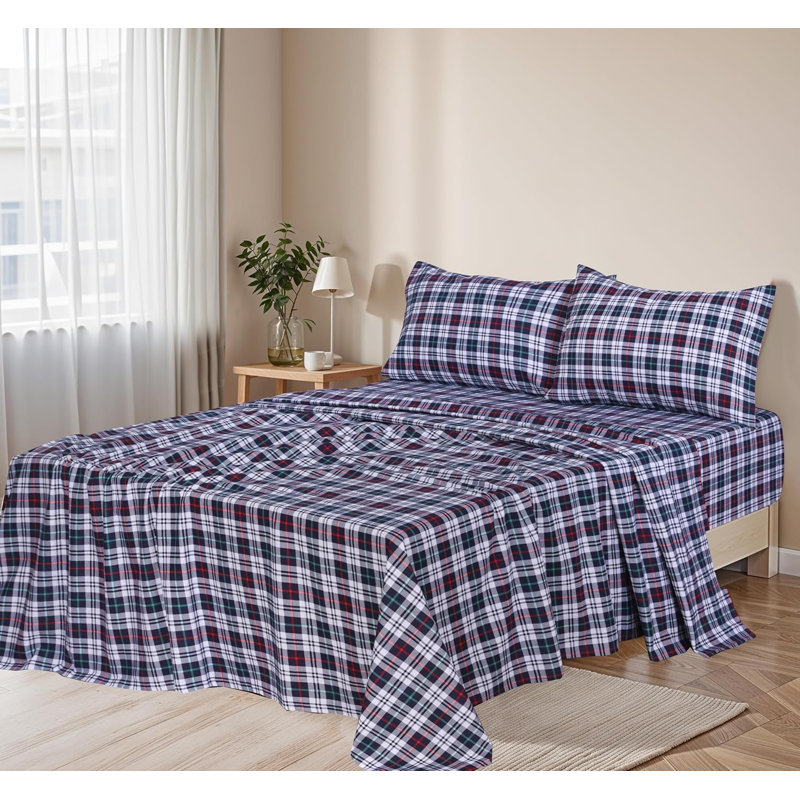Ensemble de draps 100% flanelle 4 pièces, Ensemble de draps pour lit double / grand avec 4 p, Noël / écossais