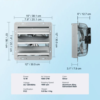12'' Shutter Exhaust Fan, High-speed 1000 CFM, Aluminum Wall Mount Attic Fan with AC-motor, Ventilation and Cooling for Greenhouses, Garages, Sheds, Shops, FCC