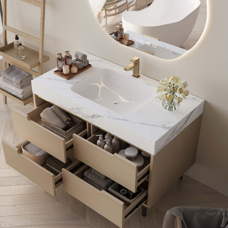 Meuble-lavabo moderne avec plateau en pierre frittée et tiroirs à fermeture en douceur