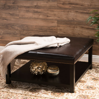 Table basse rembourrée brune à des fins de rangement, bois de bouleau, brun foncé, l 35,2 po x H 33,29 po dans les tons de ton, structure en bois avec coussin, profondeur 35,2 po, largeur 33,29 po, hauteur 18,19 po