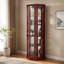 Vitrine de coin éclairée à 6 tablettes avec tablettes réglables en verre trempé et fond miroir, cerisier (ampoule E26 non incluse)-654508591