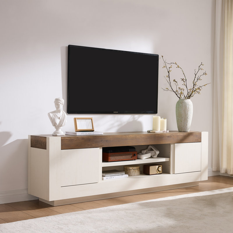 Meuble télé 70 po pour téléviseur de 80 po ou moins avec meuble de rangement épais, Blanc rustique