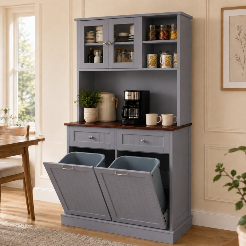 Armoire à déchets basculante 20 gallons avec tiroirs en bois, garde-manger, Gris