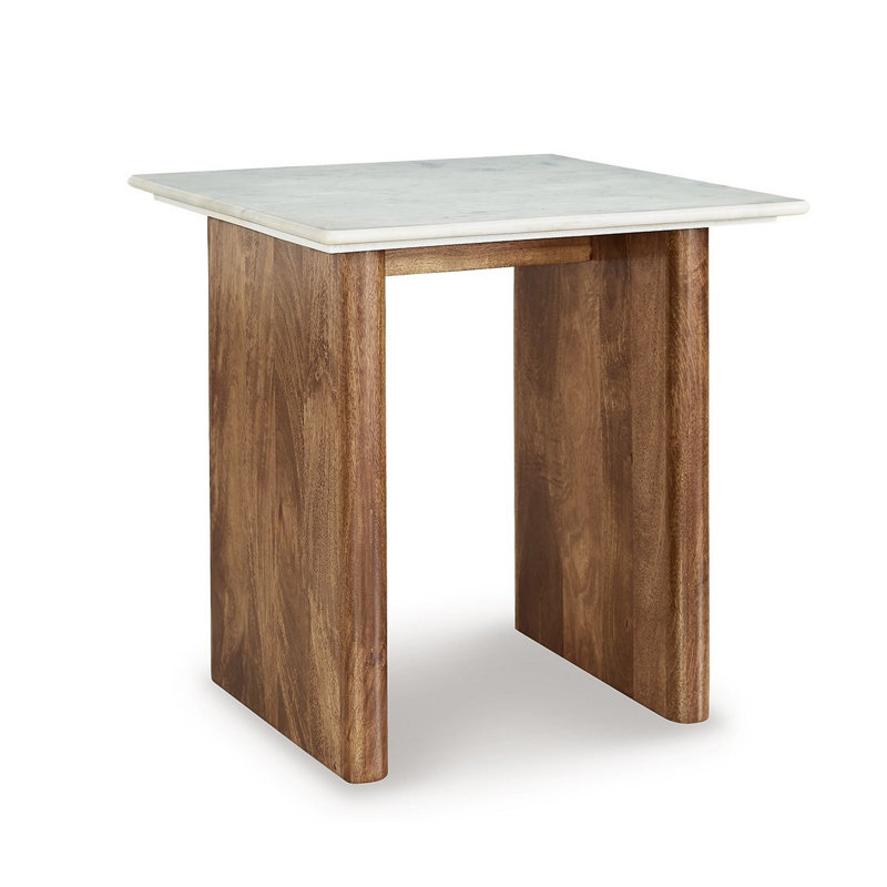 Light Brown and White Mango Wood End Table with Marble Top