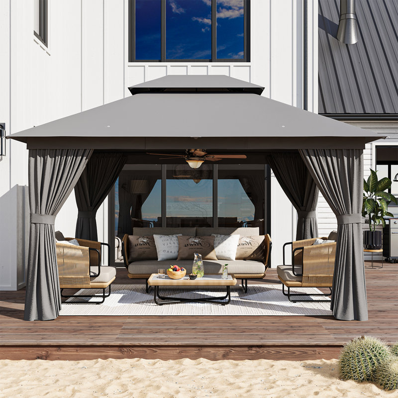 12 Ft. W x 10 Ft. D Outdoor Gazebo With Double Roof, Spacious Canopy With Netting & Curtains, For Patio, Lawn & Backyard