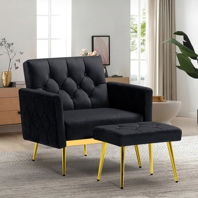 Zianny Velvet Accent Chair with Ottoman, Black Velvet