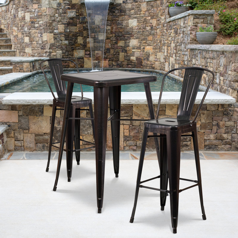 Toquerville Square Metal Indoor-Outdoor Bar Table Set with 2 Stools with Backs, Coal Black