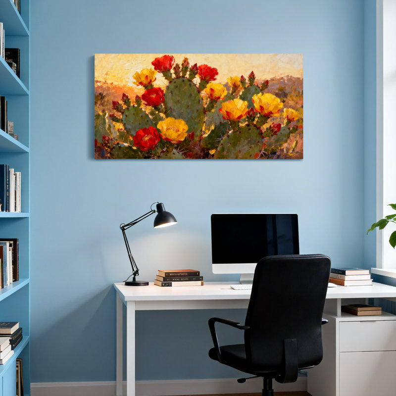 «Plants & Flowers Cactus Flowers Desert Sunset», reproduction d'art, H 16 po x l 32 po
