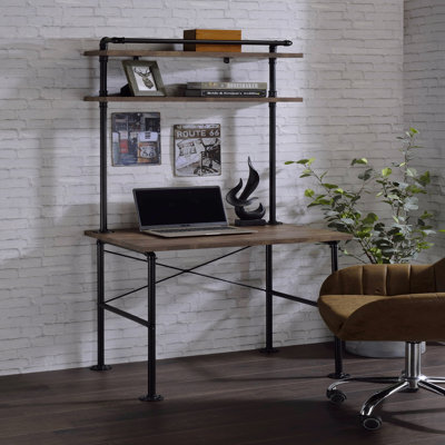 Rustic Oak And Black 2-Shelf Writing Desk