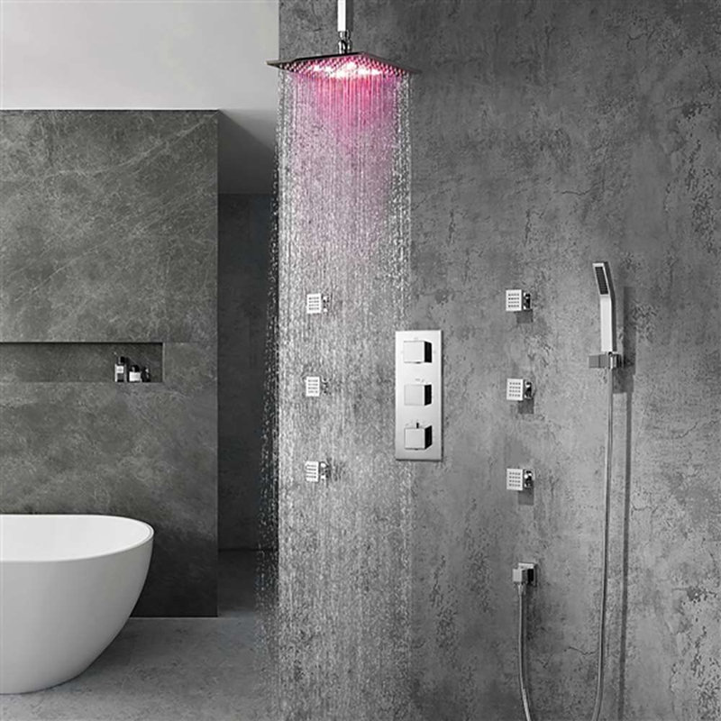 BathSelect Perugia 16-Inch Ceiling Mount LED Rainfall Shower System with Body Jets, Handheld Shower & Thermostatic Valve – Chrome Finish